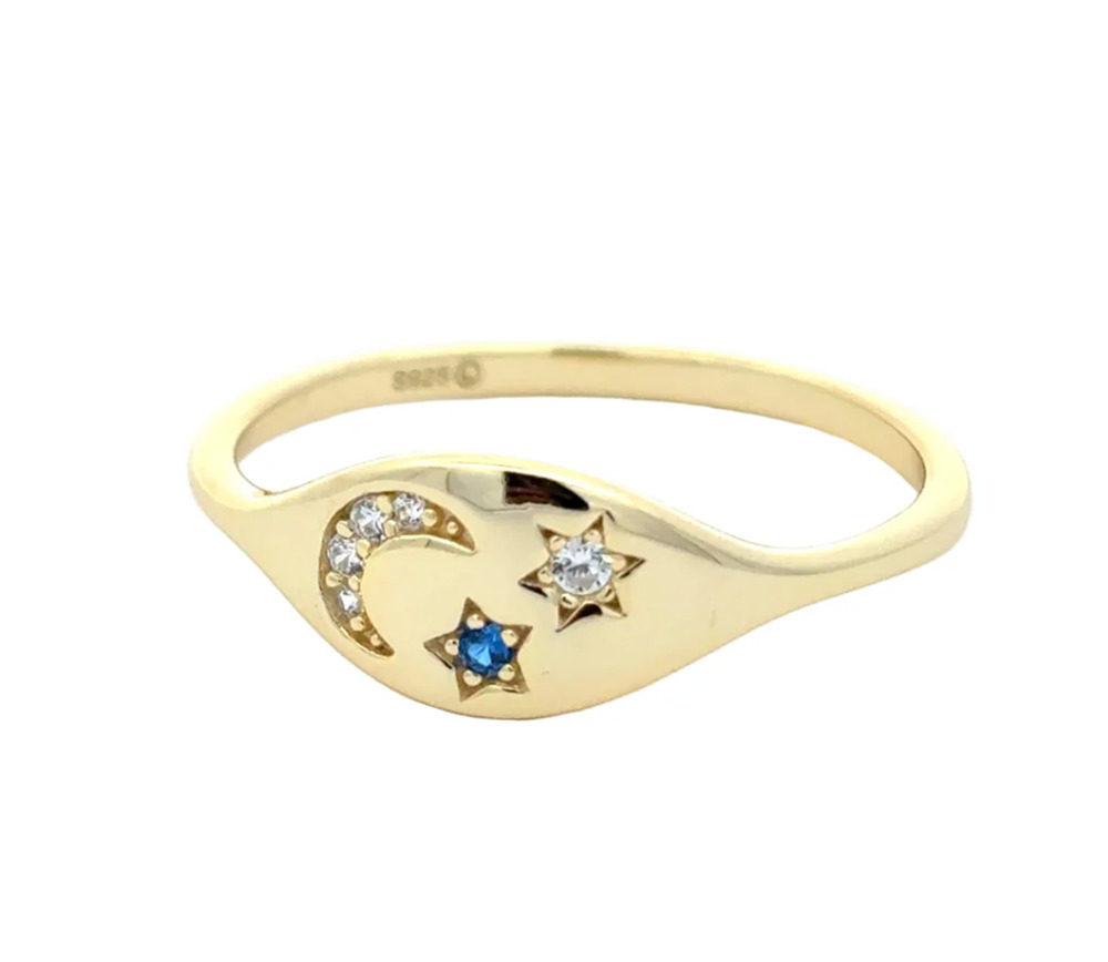 Celestial Moon Star Ring 925 Sterling Silver 14K Gold Plated Cubic Zirconia